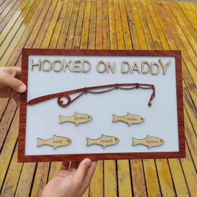 Hooked on Papa Dad Grandpa Personalized 1-10 Names Engraved Fishing Trip Gift For Him