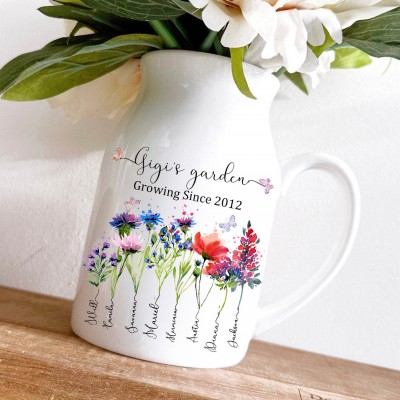Custom Gigi's Garden Vase With Grandchildren Name and Birth Flower For Mother's Day