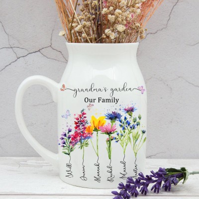 Custom Grandma's Garden Vase With Grandkids Name and Birth Flower For Mother's Day