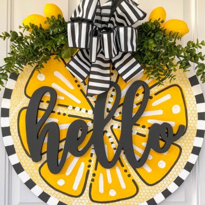 Wooden Hello Door Hanger Farmhouse Decor Entry Way Wall Welcome Sign