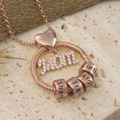 18K Rose Gold Plating Linda Circle Pendant Necklace With Engraved Beads Mom Gift