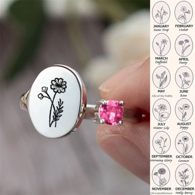 Personalized Birth Flower Ring With Birthstone October Cosmos