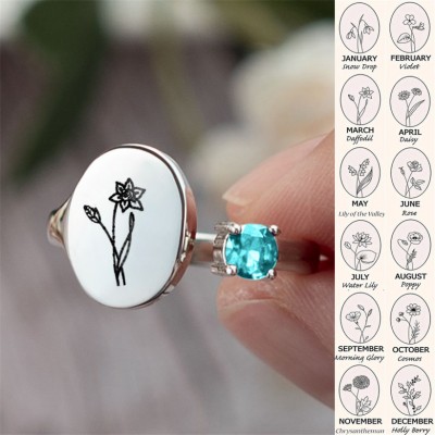 Personalized Birth Flower Ring With Birthstone March Daffodil