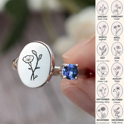 Personalized Birth Flower Ring With Birthstone September Morning Glory