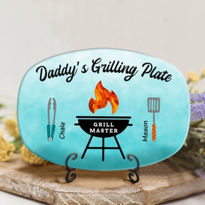 Personalized BBQ Dad Plate With Kids Name Daddy's Grilling Platter For Father's Day